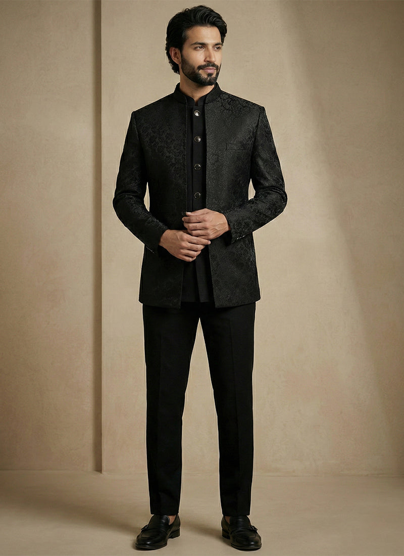 Black Donier Satin Weaving Work Party Wear Readymade Indo Western Suit SW977631