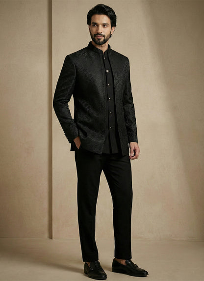 Black Donier Satin Weaving Work Party Wear Readymade Indo Western Suit SW977631