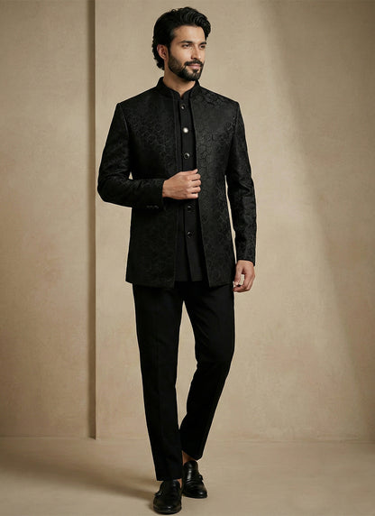 Black Donier Satin Weaving Work Party Wear Readymade Indo Western Suit SW977631
