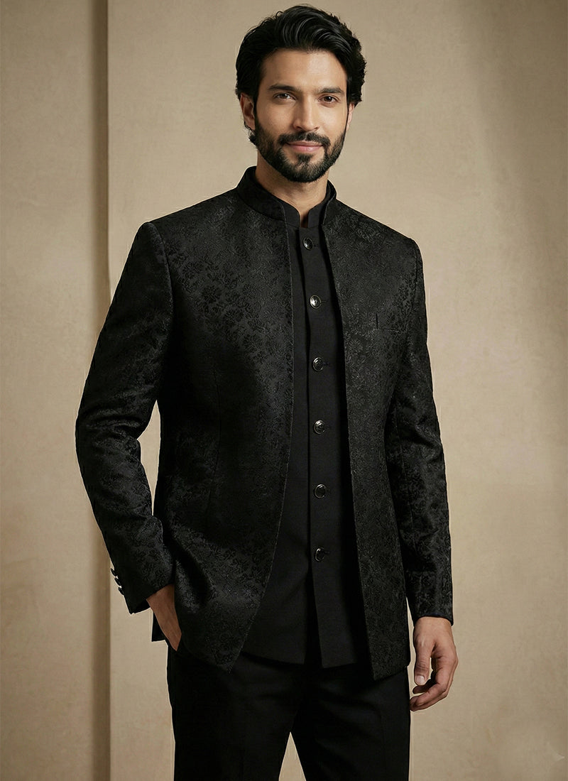 Black Donier Satin Weaving Work Party Wear Readymade Indo Western Suit SW977631