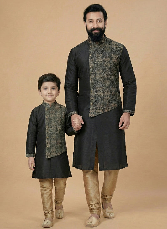 Black Dupion Silk Embroidery Work Festival Wear Readymade Kurta Pajama For Man SW543643