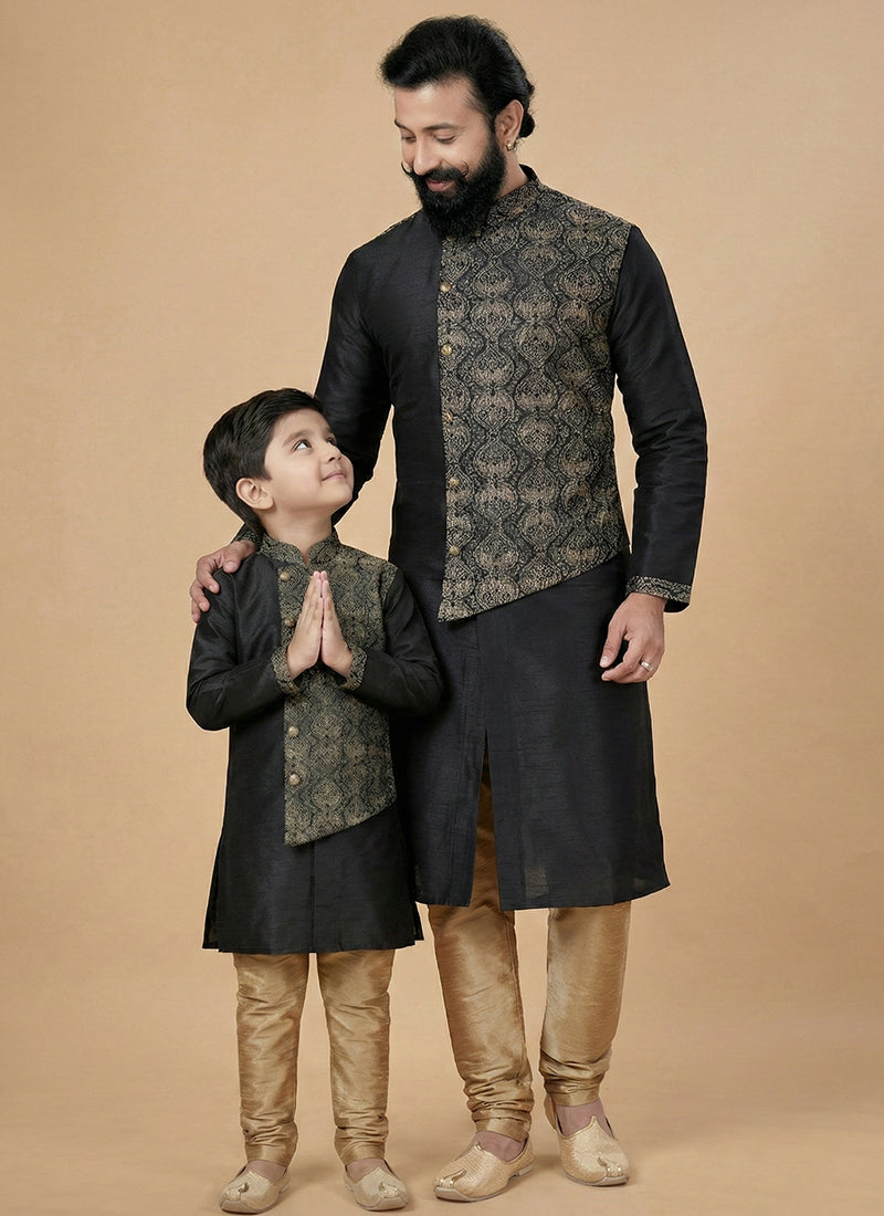 Black Dupion Silk Embroidery Work Festival Wear Readymade Kurta Pajama For Man SW543643