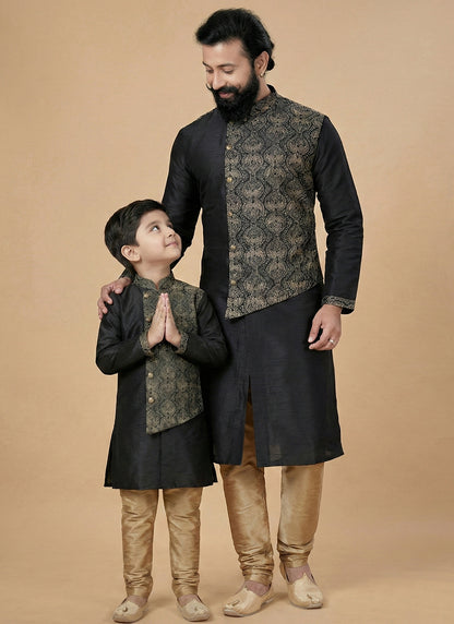 Black Dupion Silk Embroidery Work Festival Wear Readymade Kurta Pajama For Man SW543643