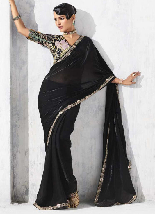 Fancy Fabric Black Designer Saree with Thread Embroidery Work for Wedding Wear 384476