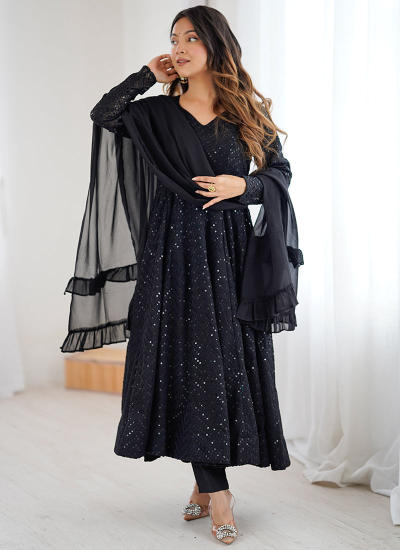 Black Faux Georgette Sequin Work Casual Wear Readymade Anarkali Suit SW737486