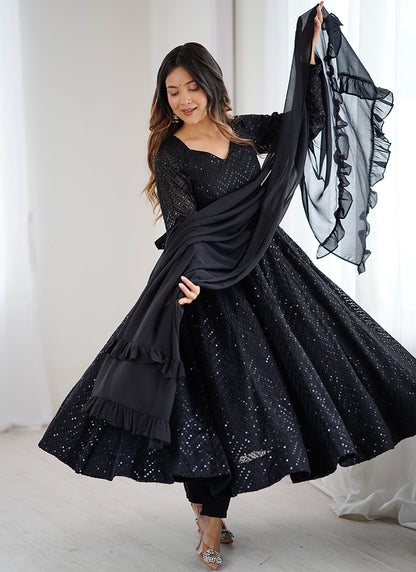 Black Faux Georgette Sequin Work Casual Wear Readymade Anarkali Suit SW737486