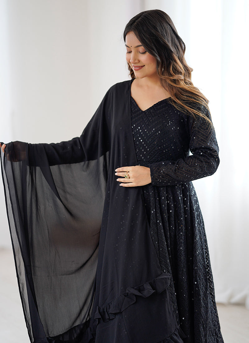 Black Faux Georgette Sequin Work Casual Wear Readymade Anarkali Suit SW737486