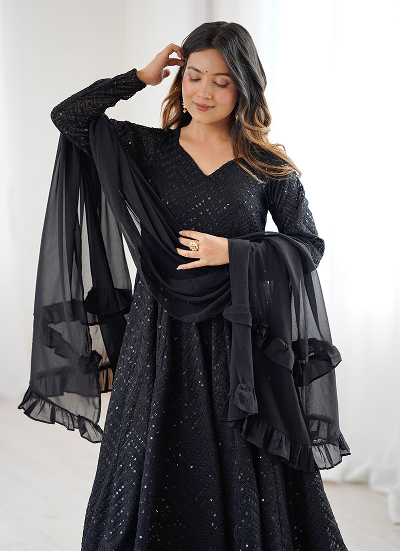 Black Faux Georgette Sequin Work Casual Wear Readymade Anarkali Suit SW737486