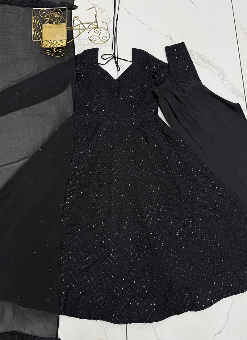 Black Faux Georgette Sequin Work Casual Wear Readymade Anarkali Suit SW737486