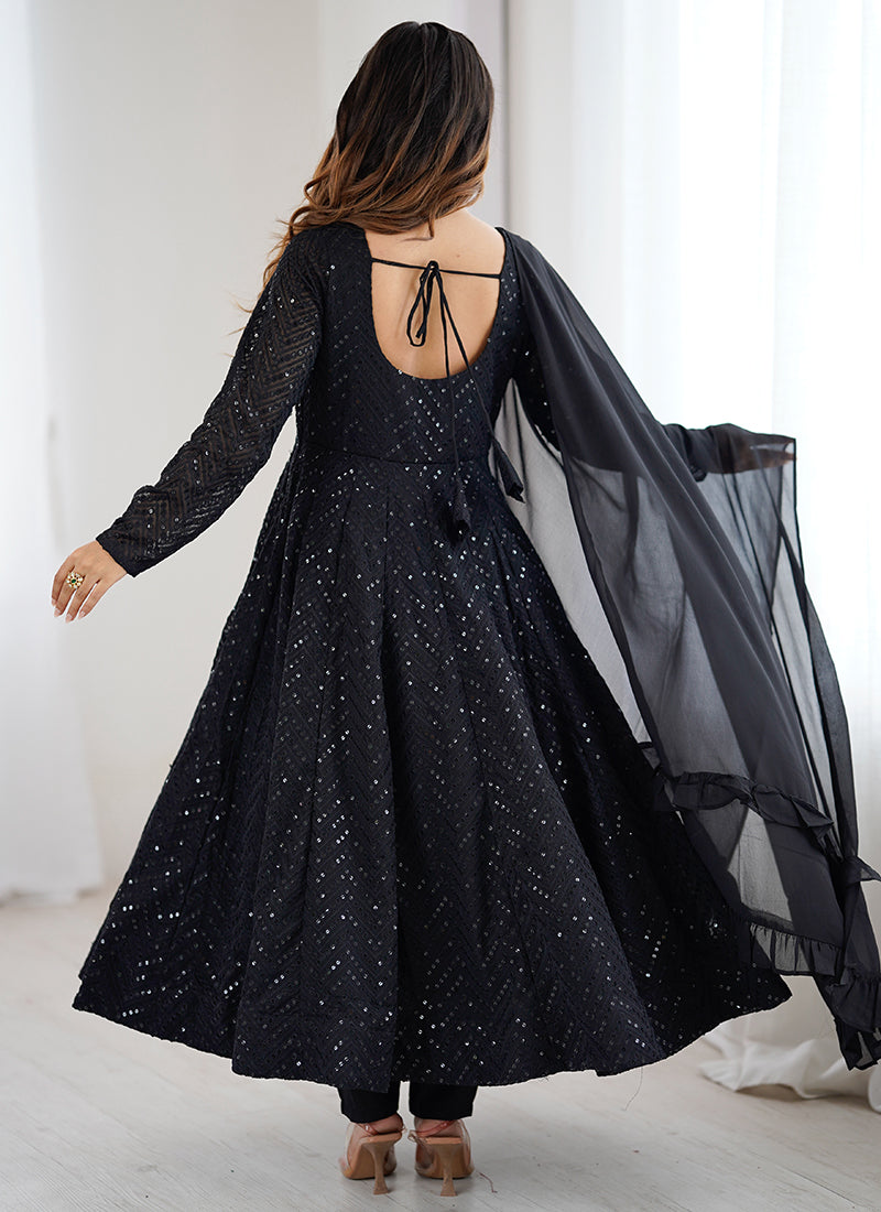 Black Faux Georgette Sequin Work Casual Wear Readymade Anarkali Suit SW737486