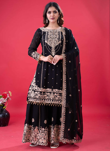 Faux Georgette Black Festival Wear Embroidery Work Readymade Sharara Suit 384992