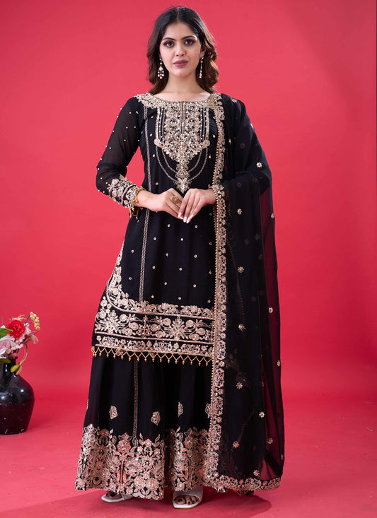 Faux Georgette Black Festival Wear Embroidery Work Readymade Sharara Suit 384992