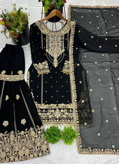 Faux Georgette Black Festival Wear Embroidery Work Readymade Sharara Suit 384992