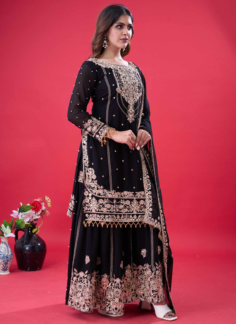 Faux Georgette Black Festival Wear Embroidery Work Readymade Sharara Suit 384992