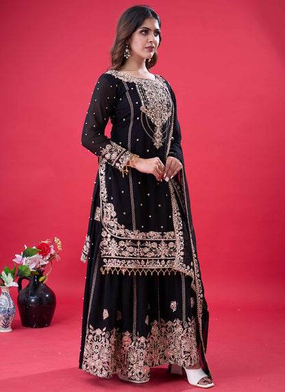 Faux Georgette Black Festival Wear Embroidery Work Readymade Sharara Suit 384992