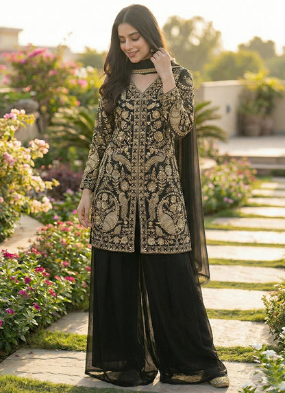 Black Faux Georgette Embroidery Work Party Wear Readymade Plazzo Suit SW367423