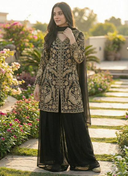 Black Faux Georgette Embroidery Work Party Wear Readymade Plazzo Suit SW367423