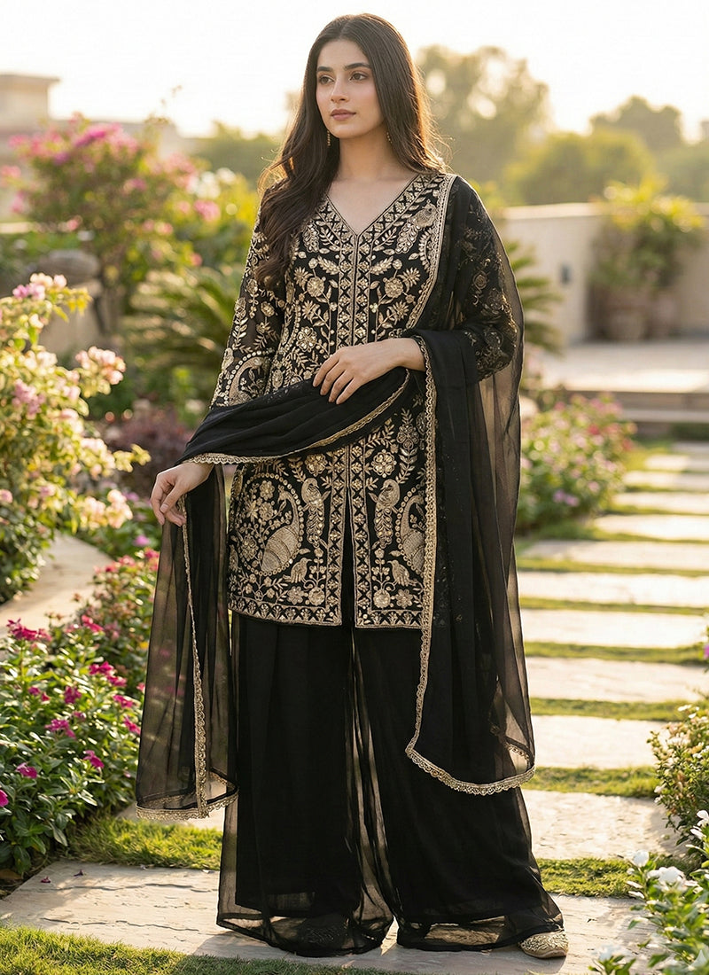 Black Faux Georgette Embroidery Work Party Wear Readymade Plazzo Suit SW367423