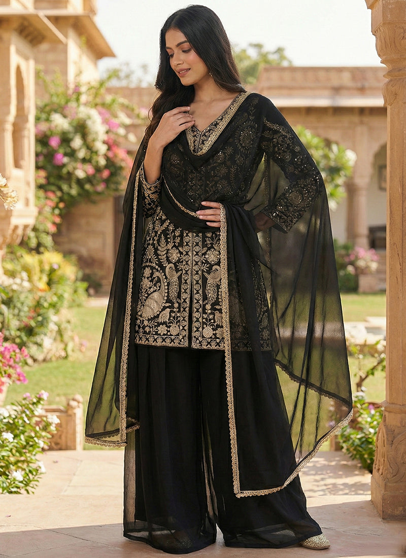 Black Faux Georgette Embroidery Work Party Wear Readymade Plazzo Suit SW367423