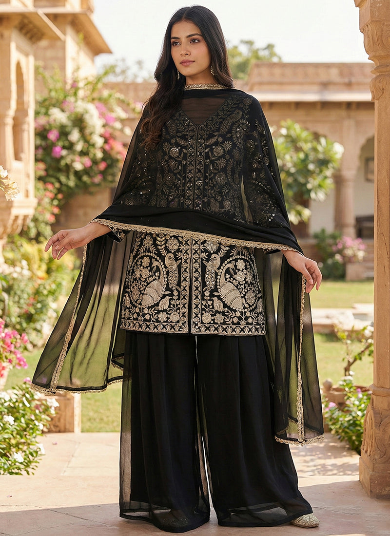 Black Faux Georgette Embroidery Work Party Wear Readymade Plazzo Suit SW367423