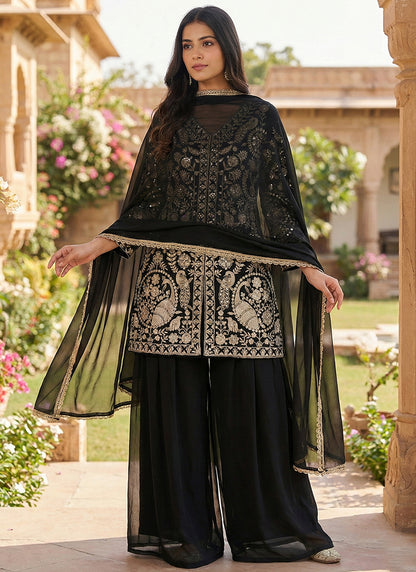 Black Faux Georgette Embroidery Work Party Wear Readymade Plazzo Suit SW367423