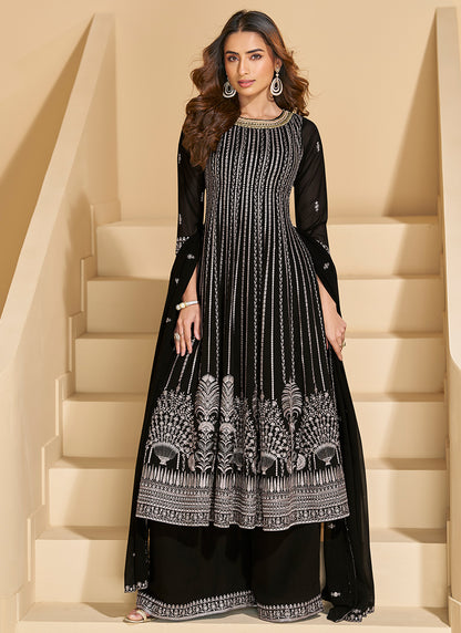 Faux Georgette Black Party Wear Embroidery Work Readymade Plazzo Suit 387790