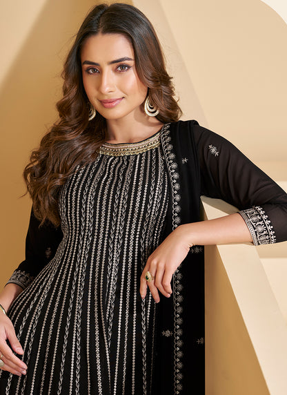 Faux Georgette Black Party Wear Embroidery Work Readymade Plazzo Suit 387790