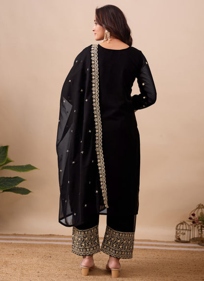 Faux Georgette Black Party Wear Zari Embroidery Work Readymade Salwar Suit 386047