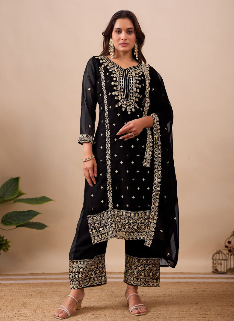 Faux Georgette Black Party Wear Zari Embroidery Work Readymade Salwar Suit 386047
