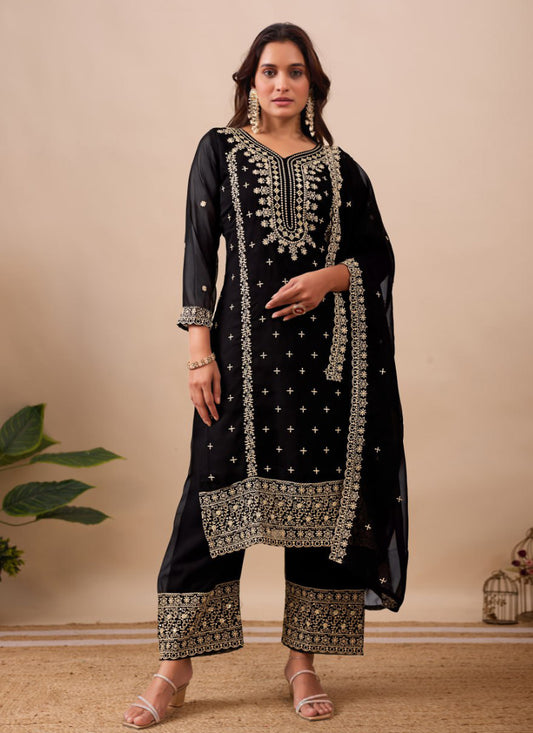 Faux Georgette Black Party Wear Zari Embroidery Work Readymade Salwar Suit 386047