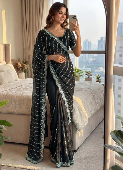 Black Fendi Satin Sequins Work Festival Wear Saree SW828437