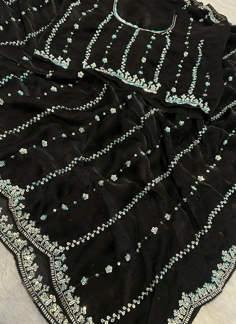 Black Fendi Satin Sequins Work Festival Wear Saree SW828437