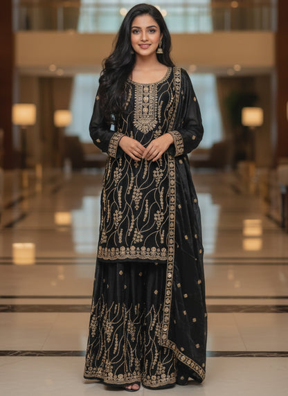 Black Fendy Silk Embroidery Work Festival Wear Readymade Plazzo Suit SW617373