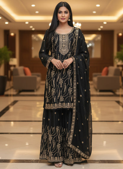 Black Fendy Silk Embroidery Work Festival Wear Readymade Plazzo Suit SW617373