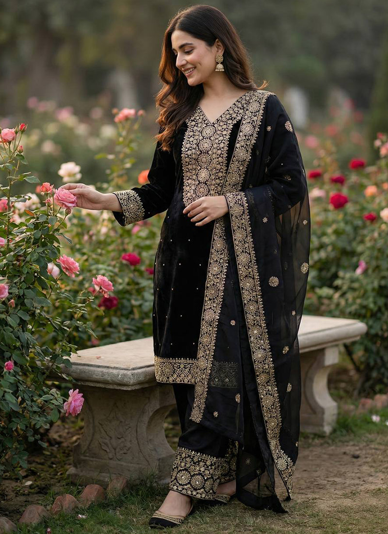 Black Fendy Silk Embroidery Work Occasional Wear Readymade Plazzo Suit SW424945