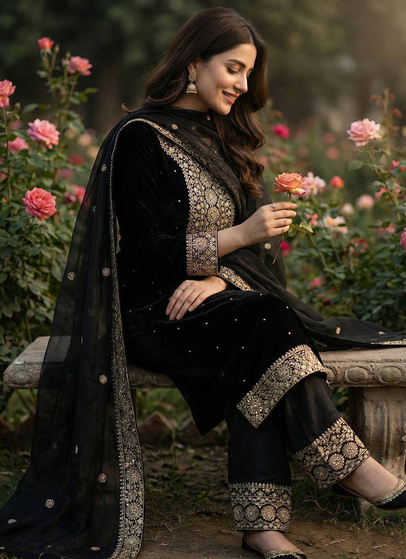 Black Fendy Silk Embroidery Work Occasional Wear Readymade Plazzo Suit SW424945
