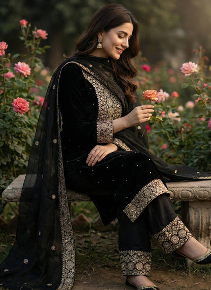 Black Fendy Silk Embroidery Work Occasional Wear Readymade Plazzo Suit SW424945