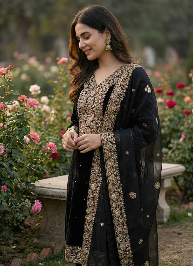 Black Fendy Silk Embroidery Work Occasional Wear Readymade Plazzo Suit SW424945