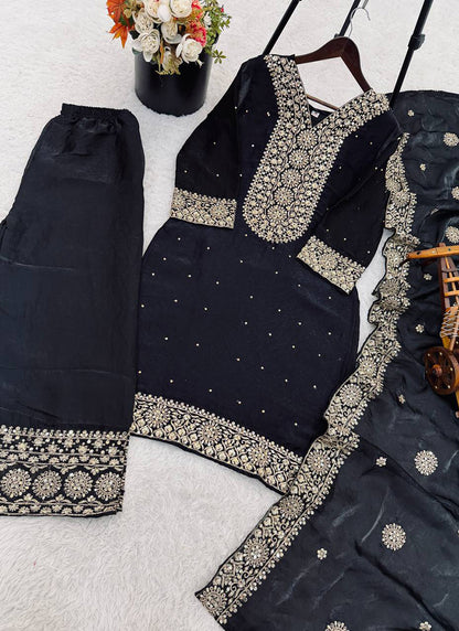 Black Fendy Silk Embroidery Work Occasional Wear Readymade Plazzo Suit SW424945