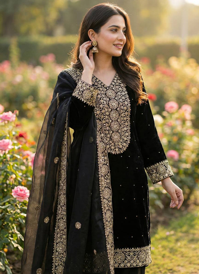 Black Fendy Silk Embroidery Work Occasional Wear Readymade Plazzo Suit SW424945