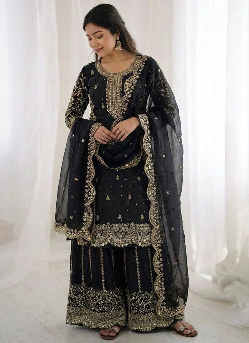 Black Fendy Silk Embroidery Work Occasional Wear Readymade Plazzo Suit SW522690
