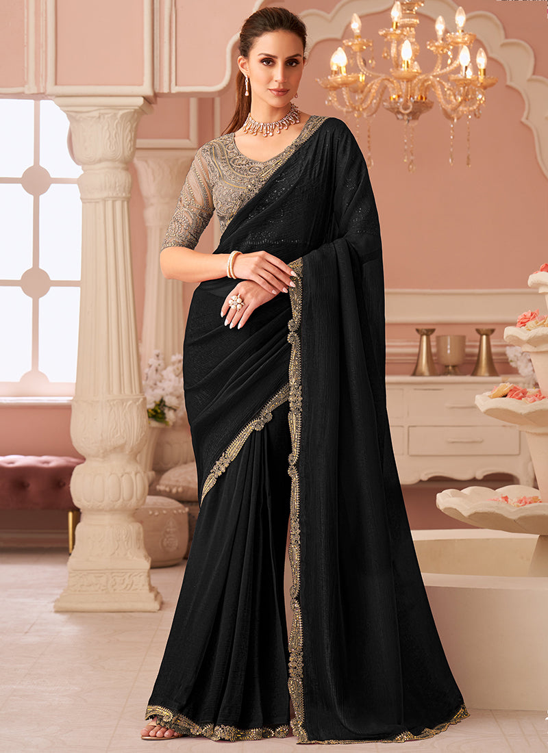 Georgette Black Designer Saree with Zari Embroidery Work 383842