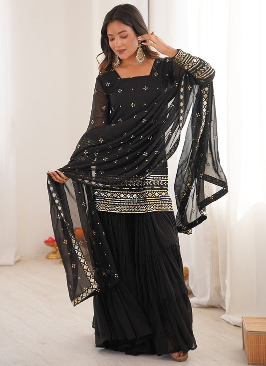 Georgette Black Festival Wear Sequins Work Readymade Sharara Suit 388643