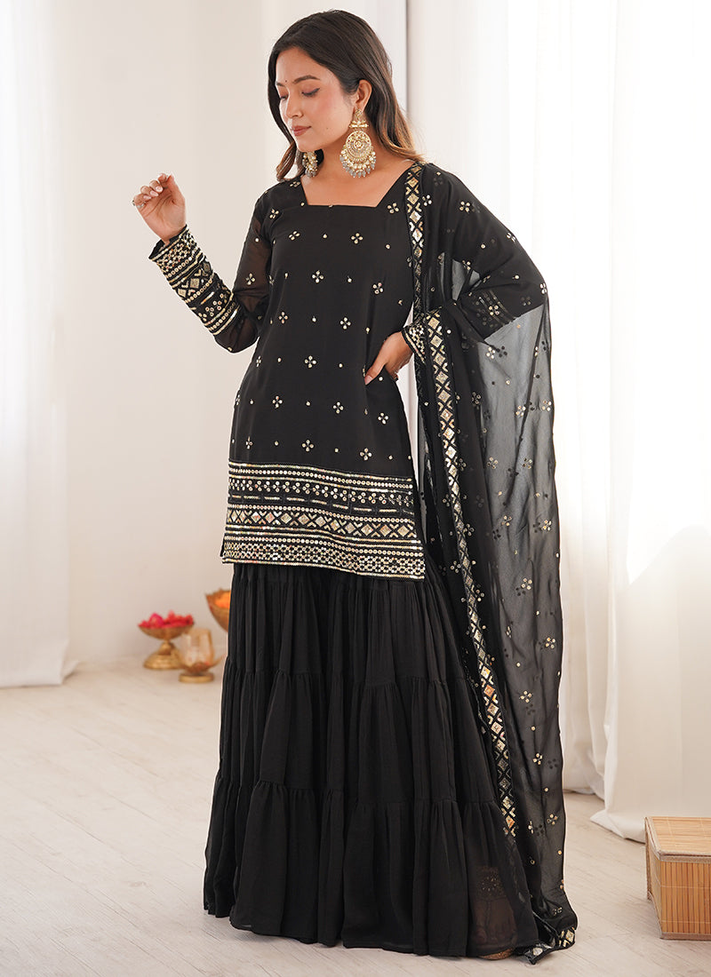 Georgette Black Festival Wear Sequins Work Readymade Sharara Suit 388643