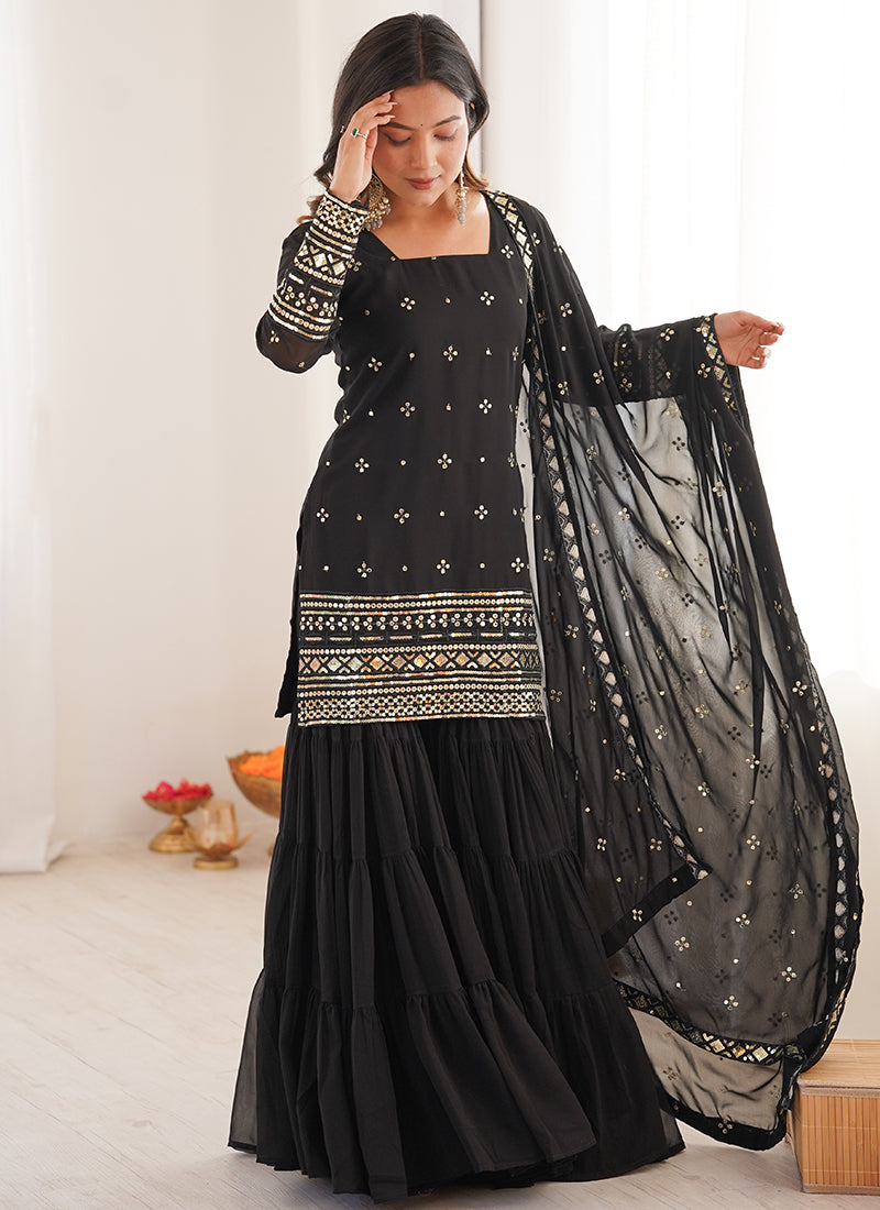 Georgette Black Festival Wear Sequins Work Readymade Sharara Suit 388643