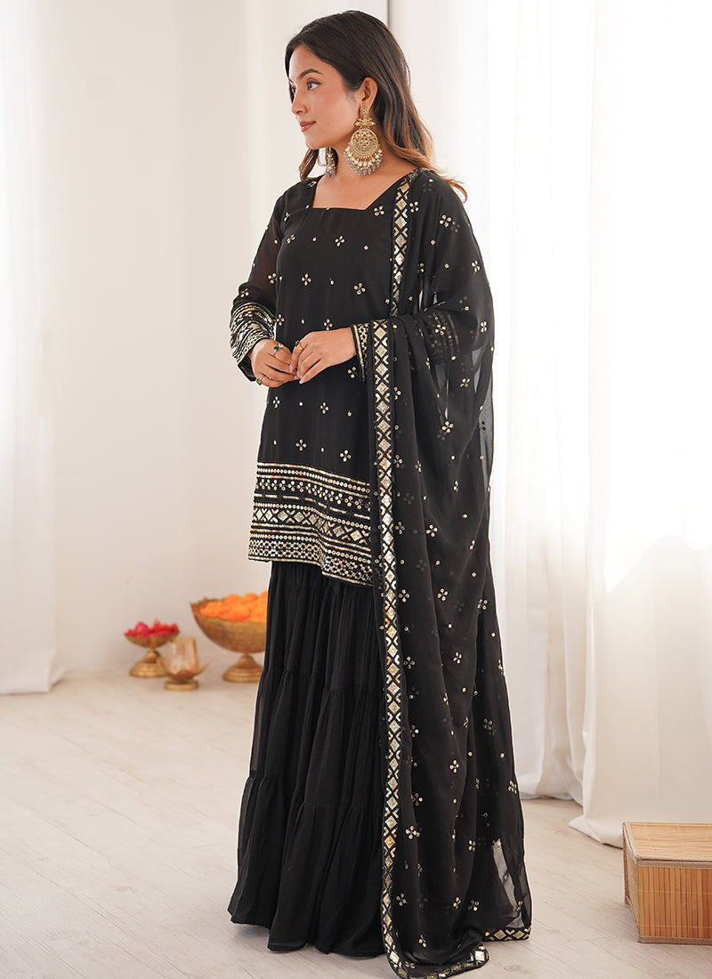 Georgette Black Festival Wear Sequins Work Readymade Sharara Suit 388643