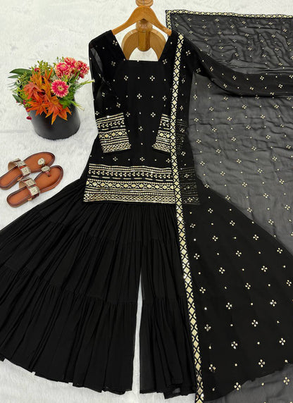 Georgette Black Festival Wear Sequins Work Readymade Sharara Suit 388643
