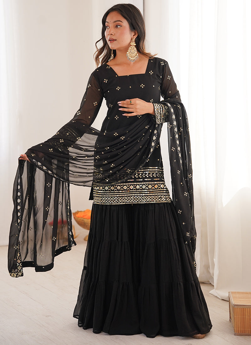 Georgette Black Festival Wear Sequins Work Readymade Sharara Suit 388643