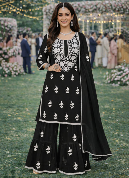 Black Georgette Embroidery Work Occasional Wear Readymade Sharara Suit SW713576