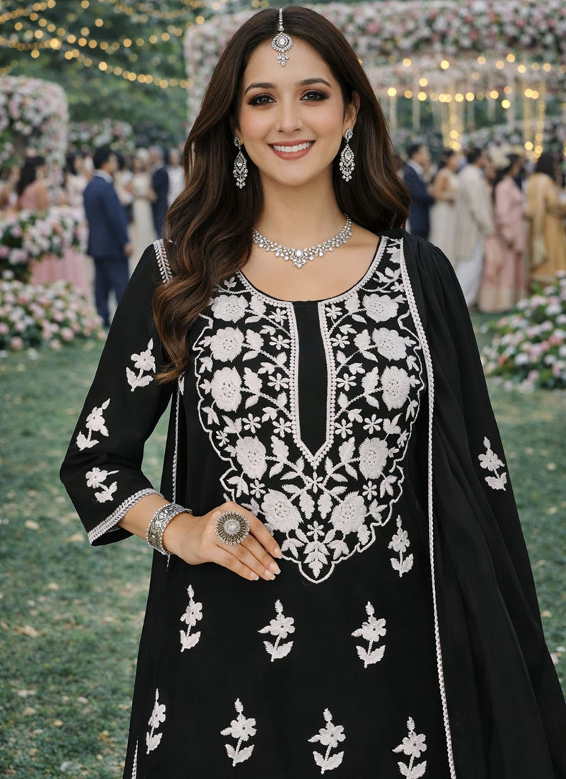 Black Georgette Embroidery Work Occasional Wear Readymade Sharara Suit SW713576